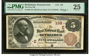 image for: Bethlehem, PA - $5 1882 Brown Back Fr. 466 The First National Bank Ch. # (E)138 PMG Very Fine 25....