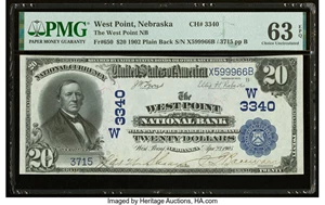 image for: West Point, NE - $20 1902 Plain Back Fr. 650 The West Point National Bank Ch. # (W)3340 PMG Choice Uncirculated 63 EPQ....