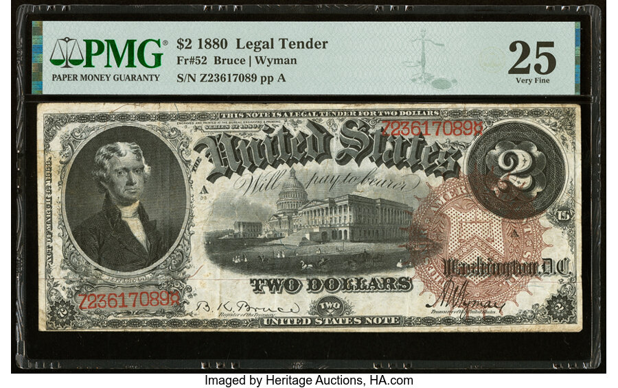 image for: Fr. 52 $2 1880 Legal Tender PMG Very Fine 25....