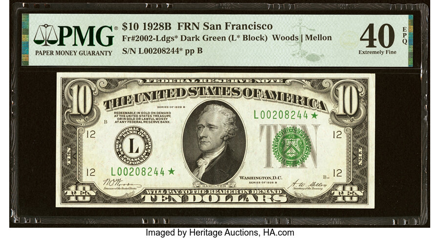 image for: Fr. 2002-L* $10 1928B Federal Reserve Star Note. PMG Extremely Fine 40 EPQ....