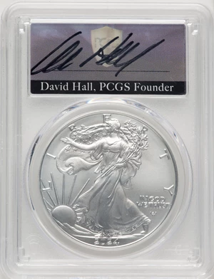 image for: 2024 $1 Silver Eagle, First Day of Issue, MS70 PCGS. Hand-signed, David Hall....