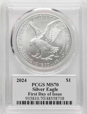 image for: 2024 $1 Silver Eagle, First Day of Issue, MS70 PCGS. Hand-signed, David Hall....