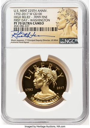 image for: 2017-W $100 American Liberty High Relief, 225th Anniversary, First Day of Issue - Washington, PR70 Ultra Cameo NGC. Hand-si...