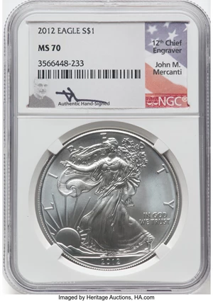 image for: 2012 $1 Silver Eagle MS70 NGC. Authentic Hand-Signed, John M. Mercanti. NGC Census: (7899). PCGS Population: (2228). CDN: $...