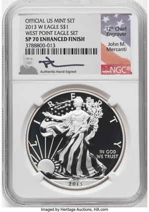 image for: 2013-W $1 Silver Eagle Enhanced Finished, West Point Mint Set, SP70 NGC. Authentic Hand-Signed, John M. Mercanti. Ex: Offic...