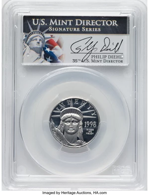 image for: 1998-W $25 Quarter-Ounce Platinum Eagle, Statue of Liberty PR70 PCGS. Hand-signed, Philip Diehl....