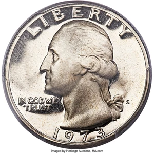 image for: 1973-S 25C PR70 Deep Cameo PCGS. There is little to add about the quality of a perfect PR70 Deep Cameo example. The delicat...