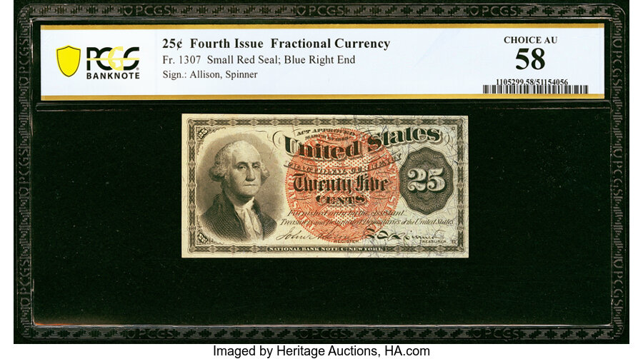 image for: Fr. 1307 25¢ Fourth Issue PCGS Banknote Choice AU 58....