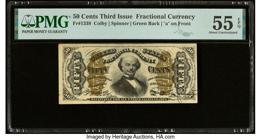 image for: Fr. 1338 50¢ Third Issue Spinner PMG About Uncirculated 55 EPQ....