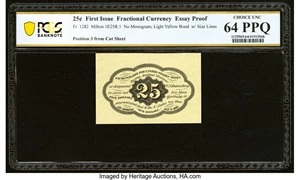 image for: Fr. 1282 Milton 1E25R.1 25¢ First Issue Essay Proof Back PCGS Banknote Choice Unc 64 PPQ....