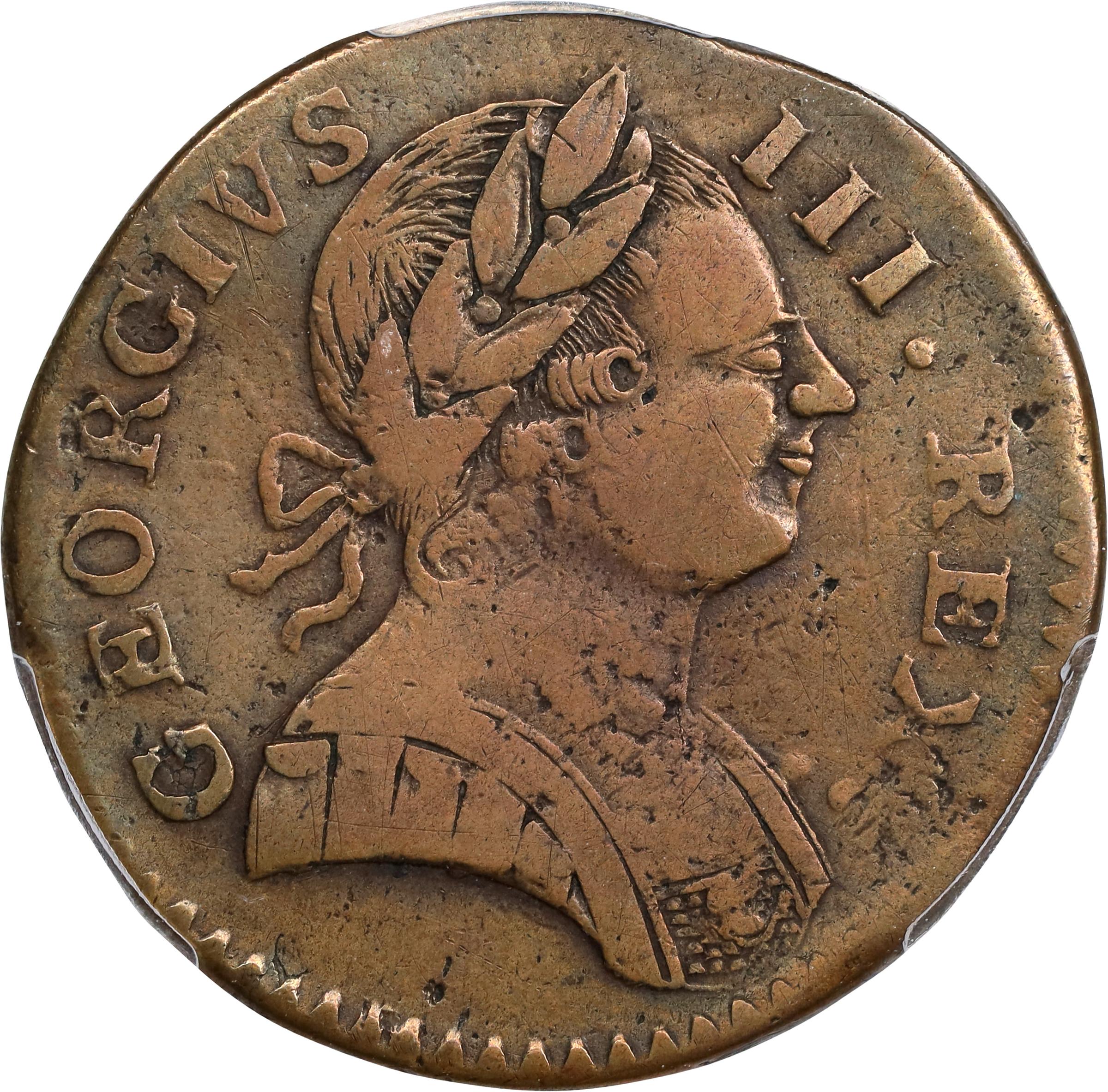 image for: 1778 Machin's Mills Halfpenny. Vlack 12-78B, W-7830. Rarity-3. GEORGIVS III, Group III. VF Details--Edge Repaired (PCGS).
