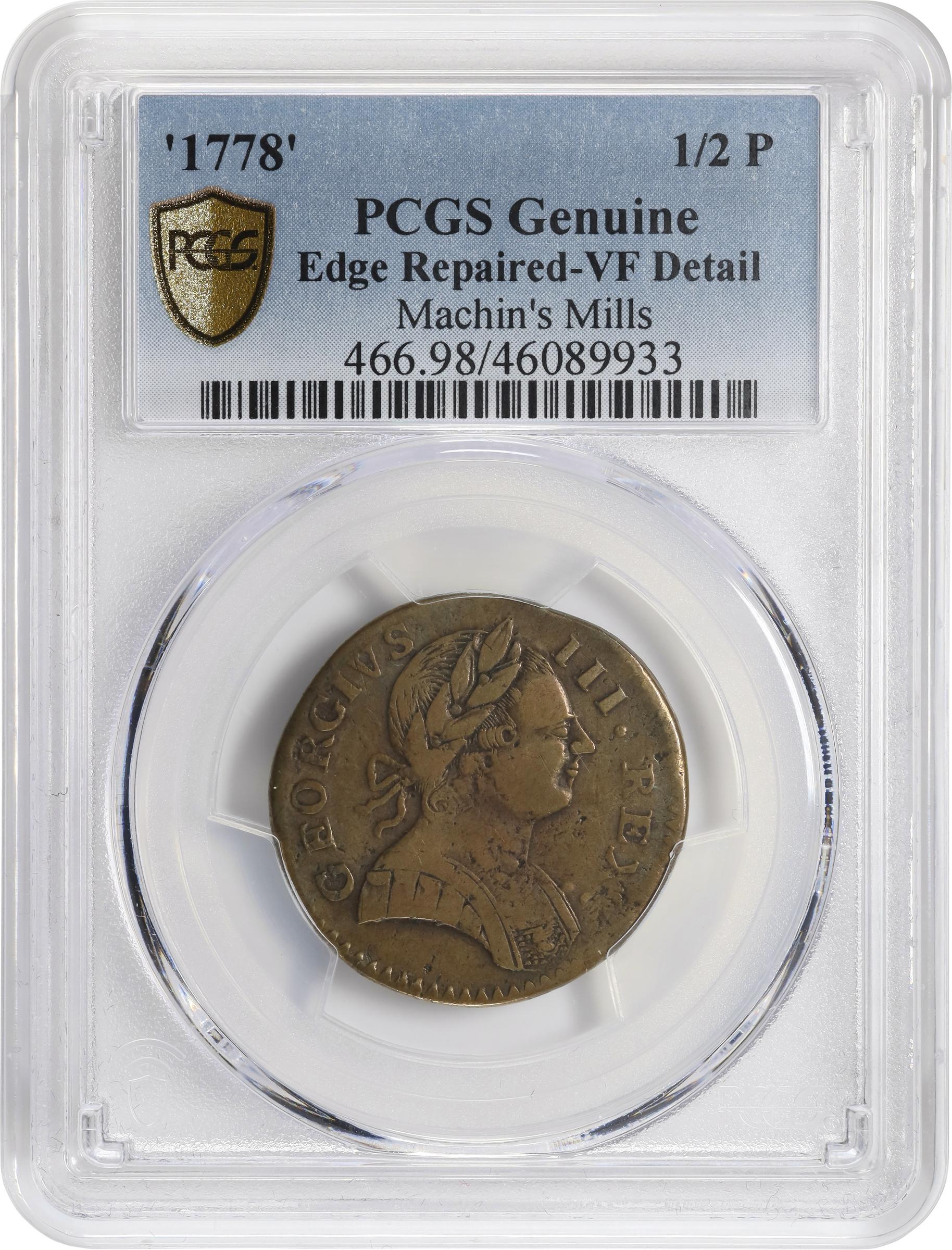 image for: 1778 Machin's Mills Halfpenny. Vlack 12-78B, W-7830. Rarity-3. GEORGIVS III, Group III. VF Details--Edge Repaired (PCGS).