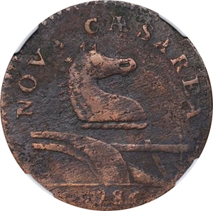 image for: 1786 New Jersey Copper. Maris 15-L, W-4820. Rarity-4. Straight Plow Beam, Leaning Head. EF Details--Corrosion, Cleaned (NGC).