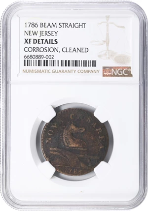 image for: 1786 New Jersey Copper. Maris 15-L, W-4820. Rarity-4. Straight Plow Beam, Leaning Head. EF Details--Corrosion, Cleaned (NGC).