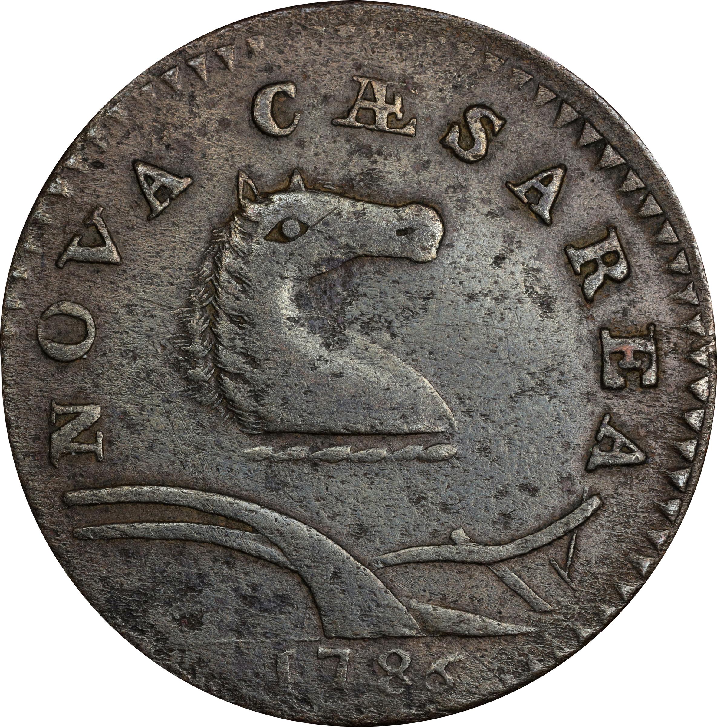 image for: 1786 New Jersey Copper. Maris 21-P, W-4920. Rarity-5. Curved Plow Beam, Mane Punch Before Ears, Narrow Shield. Very Fine, Porous, Cleaned.