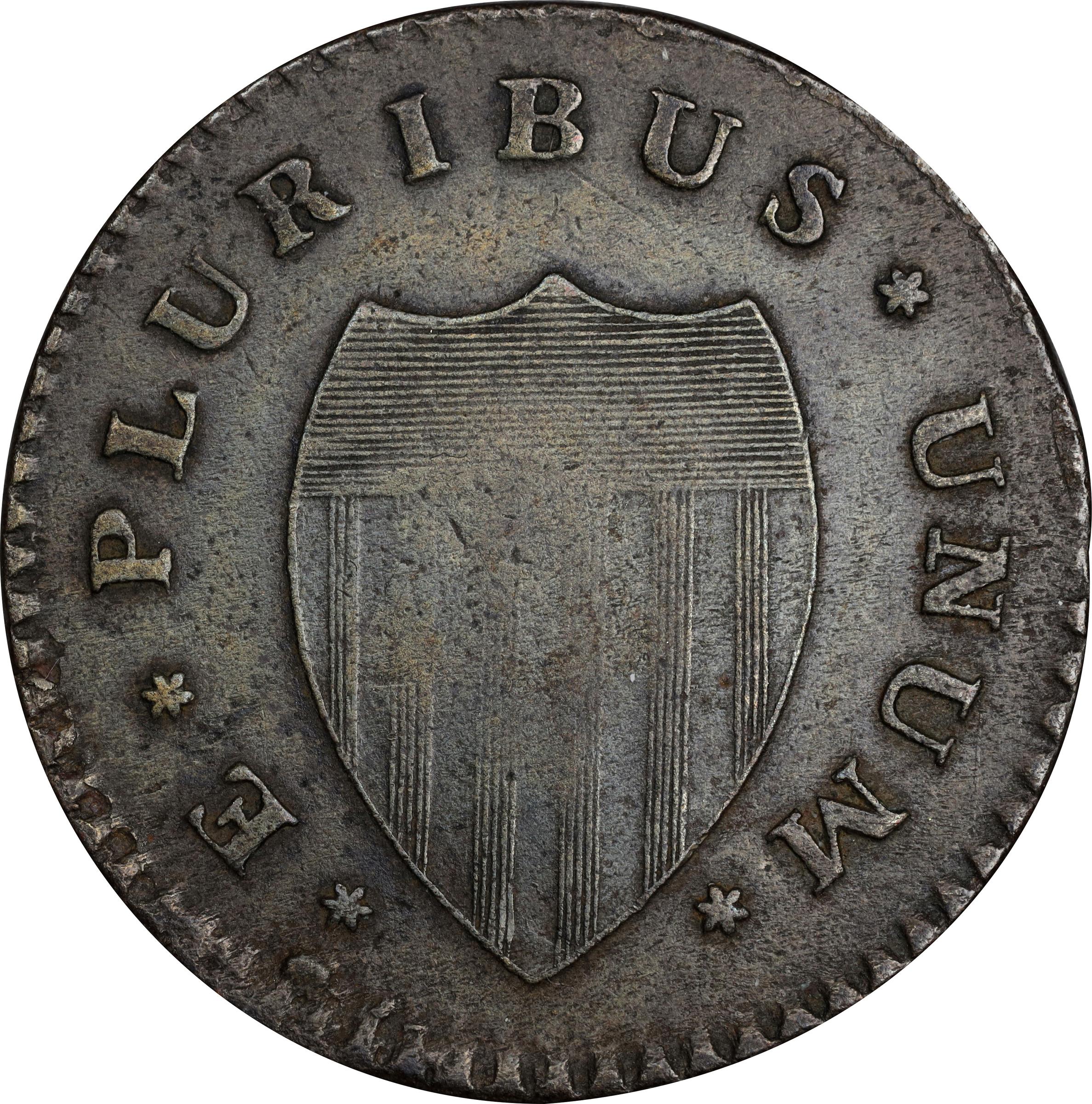 image for: 1786 New Jersey Copper. Maris 21-P, W-4920. Rarity-5. Curved Plow Beam, Mane Punch Before Ears, Narrow Shield. Very Fine, Porous, Cleaned.