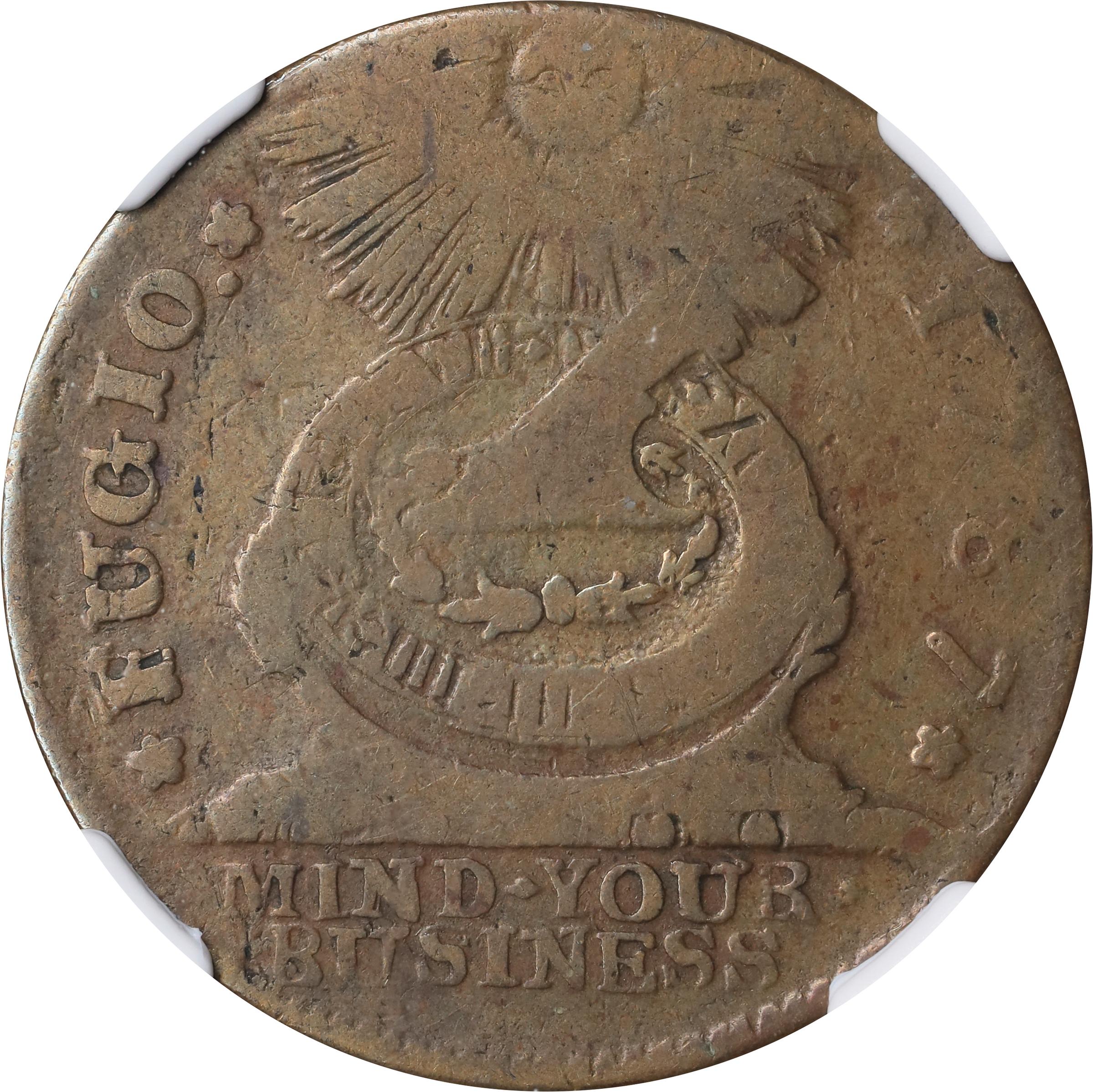image for: 1787 Fugio Cent. Pointed Rays. Newman 19-Z, W-6975. Rarity-4. STATES UNITED, Label With Raised Rims, Large Letters in WE ARE ONE. VG Details--Reverse Graffiti (NGC).
