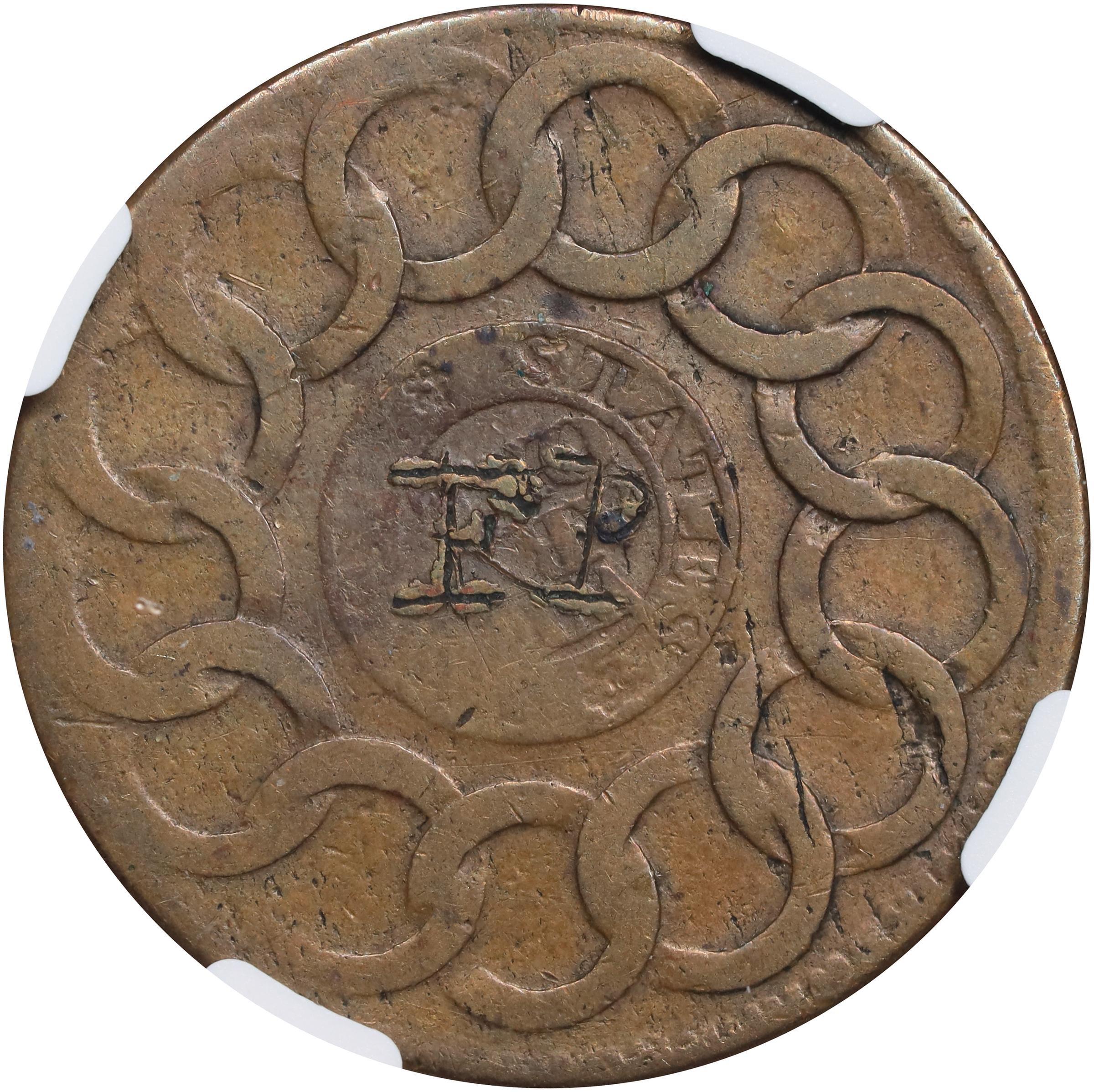 image for: 1787 Fugio Cent. Pointed Rays. Newman 19-Z, W-6975. Rarity-4. STATES UNITED, Label With Raised Rims, Large Letters in WE ARE ONE. VG Details--Reverse Graffiti (NGC).