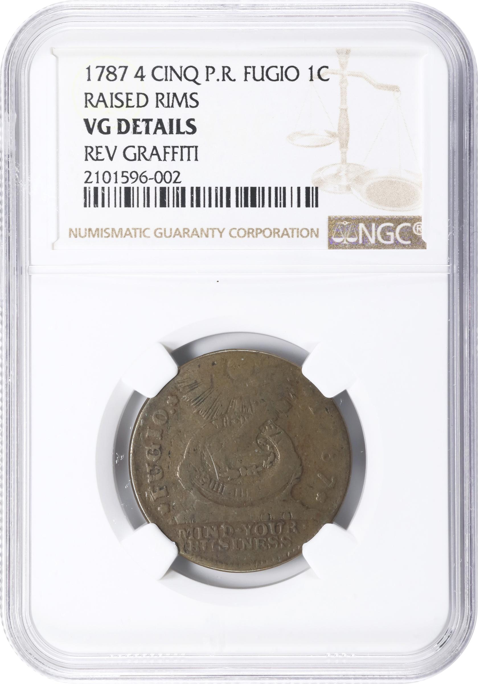 image for: 1787 Fugio Cent. Pointed Rays. Newman 19-Z, W-6975. Rarity-4. STATES UNITED, Label With Raised Rims, Large Letters in WE ARE ONE. VG Details--Reverse Graffiti (NGC).