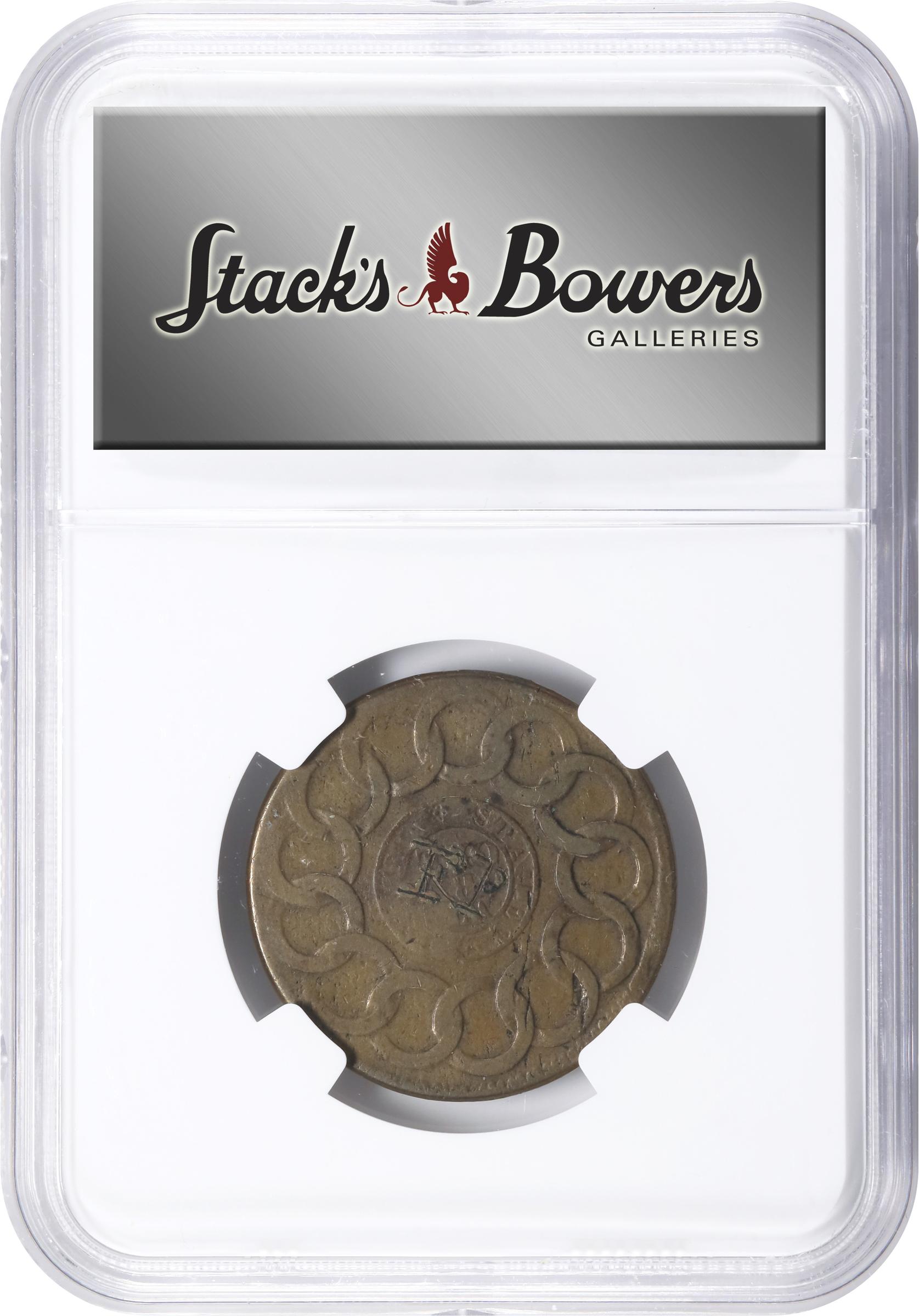 image for: 1787 Fugio Cent. Pointed Rays. Newman 19-Z, W-6975. Rarity-4. STATES UNITED, Label With Raised Rims, Large Letters in WE ARE ONE. VG Details--Reverse Graffiti (NGC).