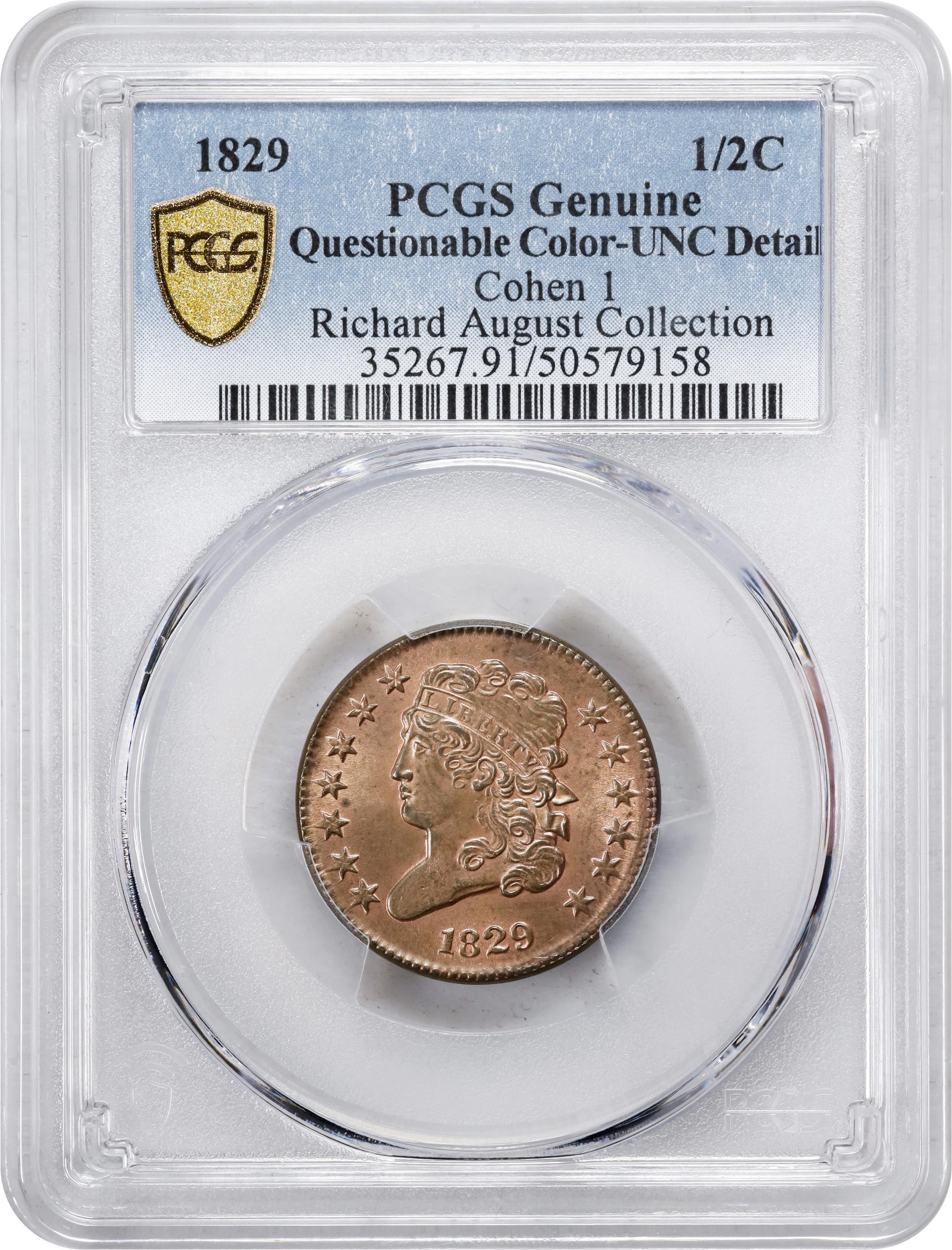 image for: 1829 Classic Head Half Cent. C-1. Rarity-1. Unc Details--Questionable Color (PCGS).