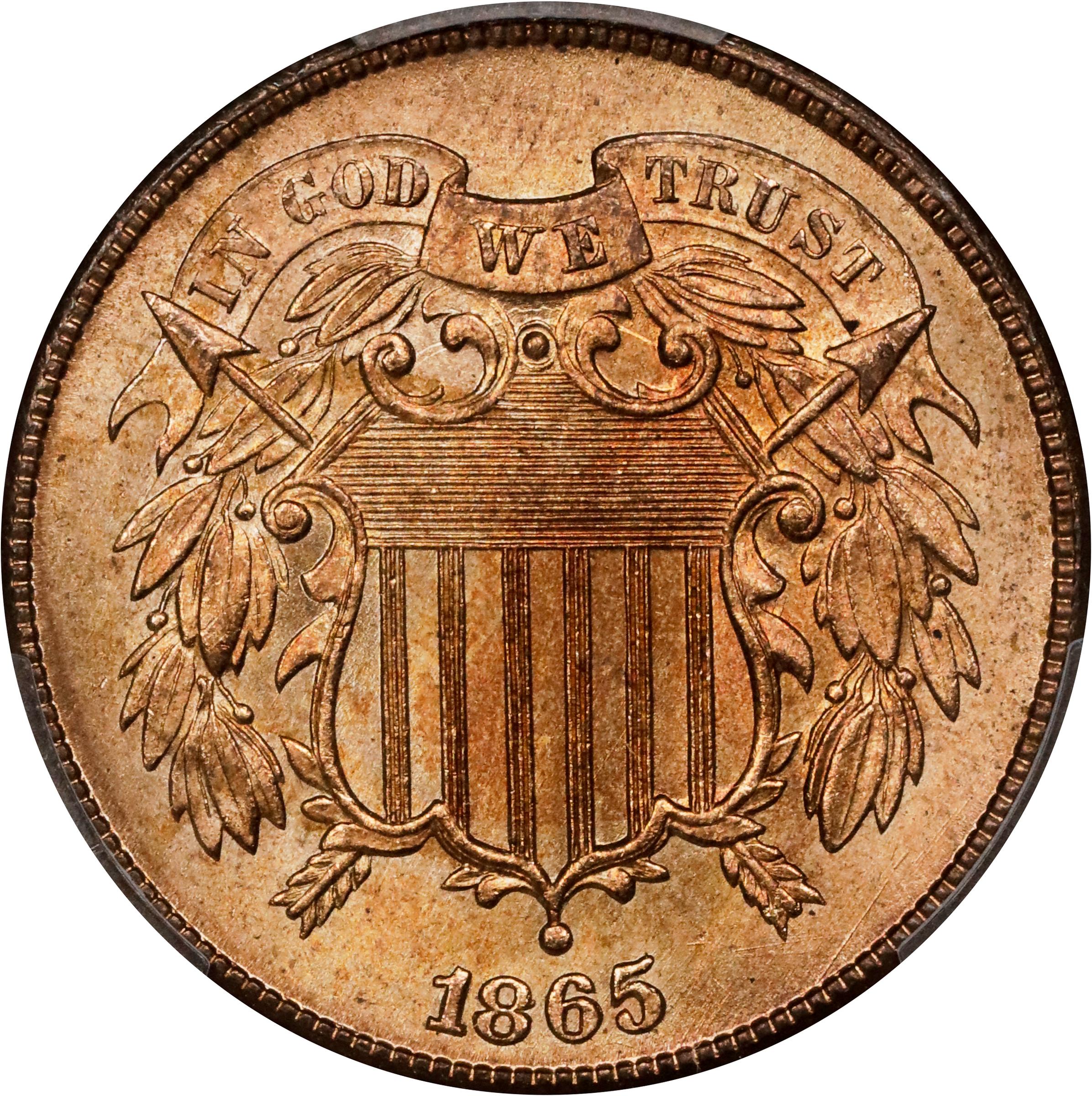 image for: 1865 Two-Cent Piece. Plain 5. MS-66+ RD (PCGS). CAC.