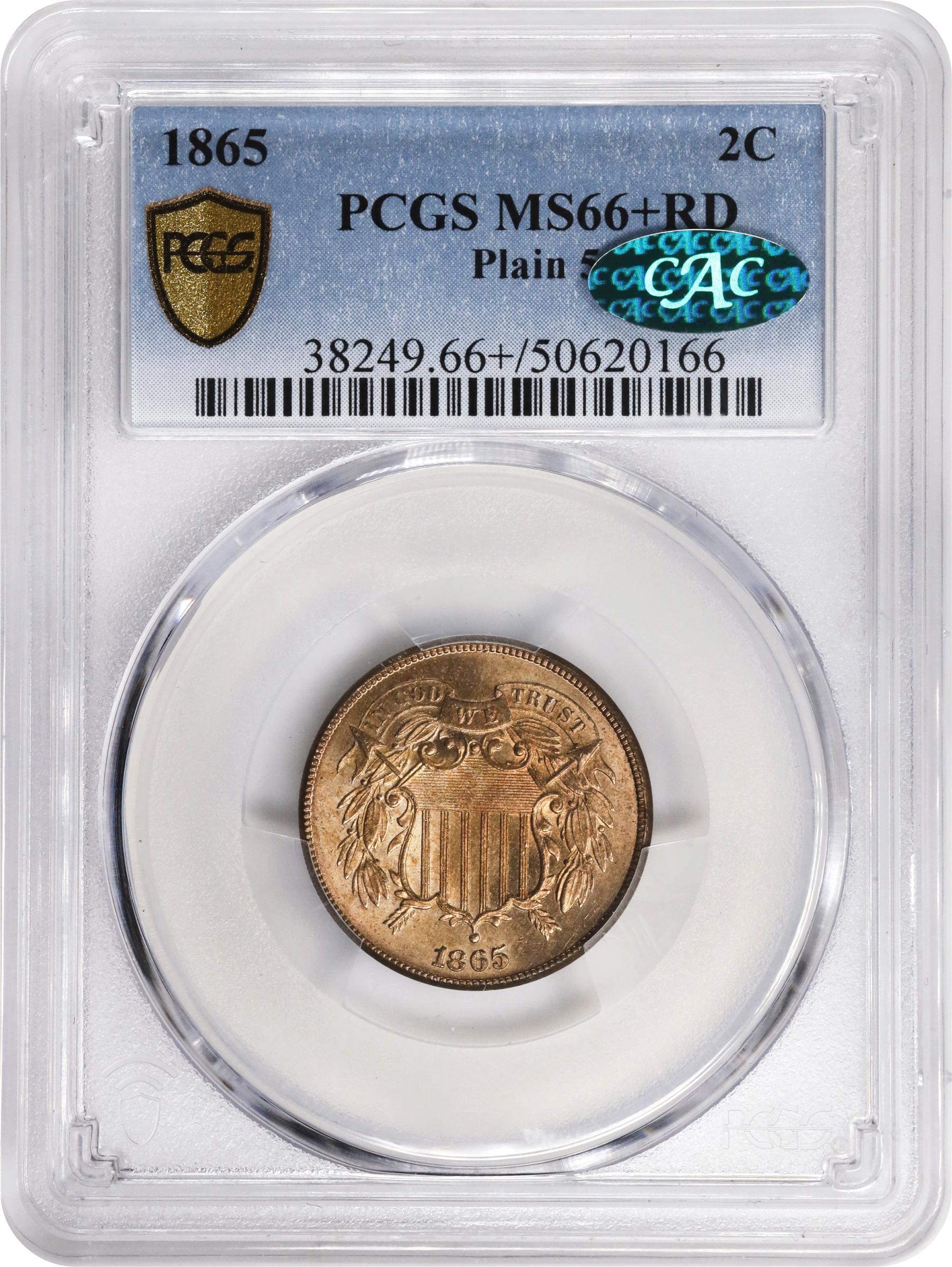 image for: 1865 Two-Cent Piece. Plain 5. MS-66+ RD (PCGS). CAC.