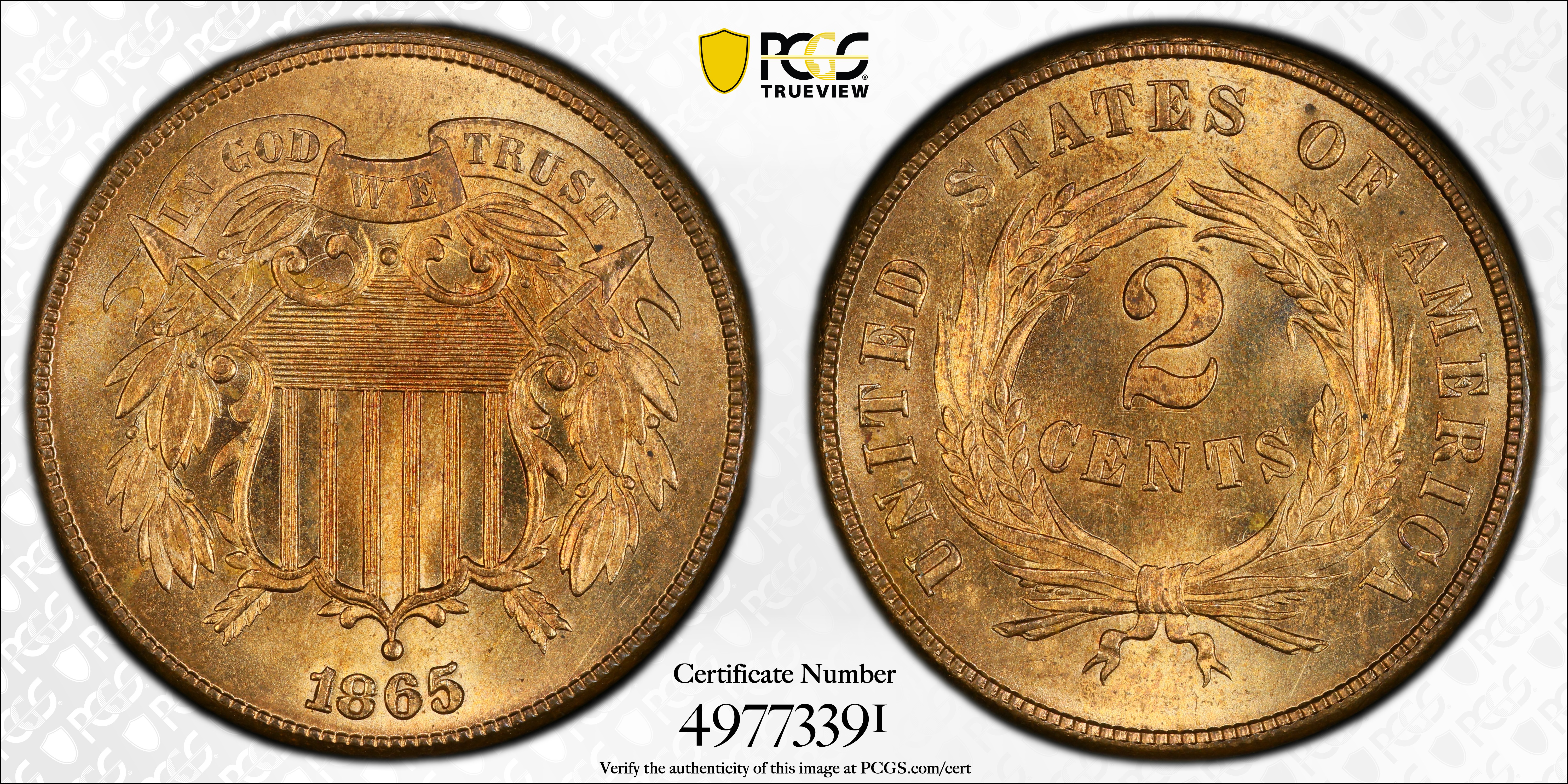 image for: 1865 Two-Cent Piece. Plain 5. MS-66+ RD (PCGS). CAC.