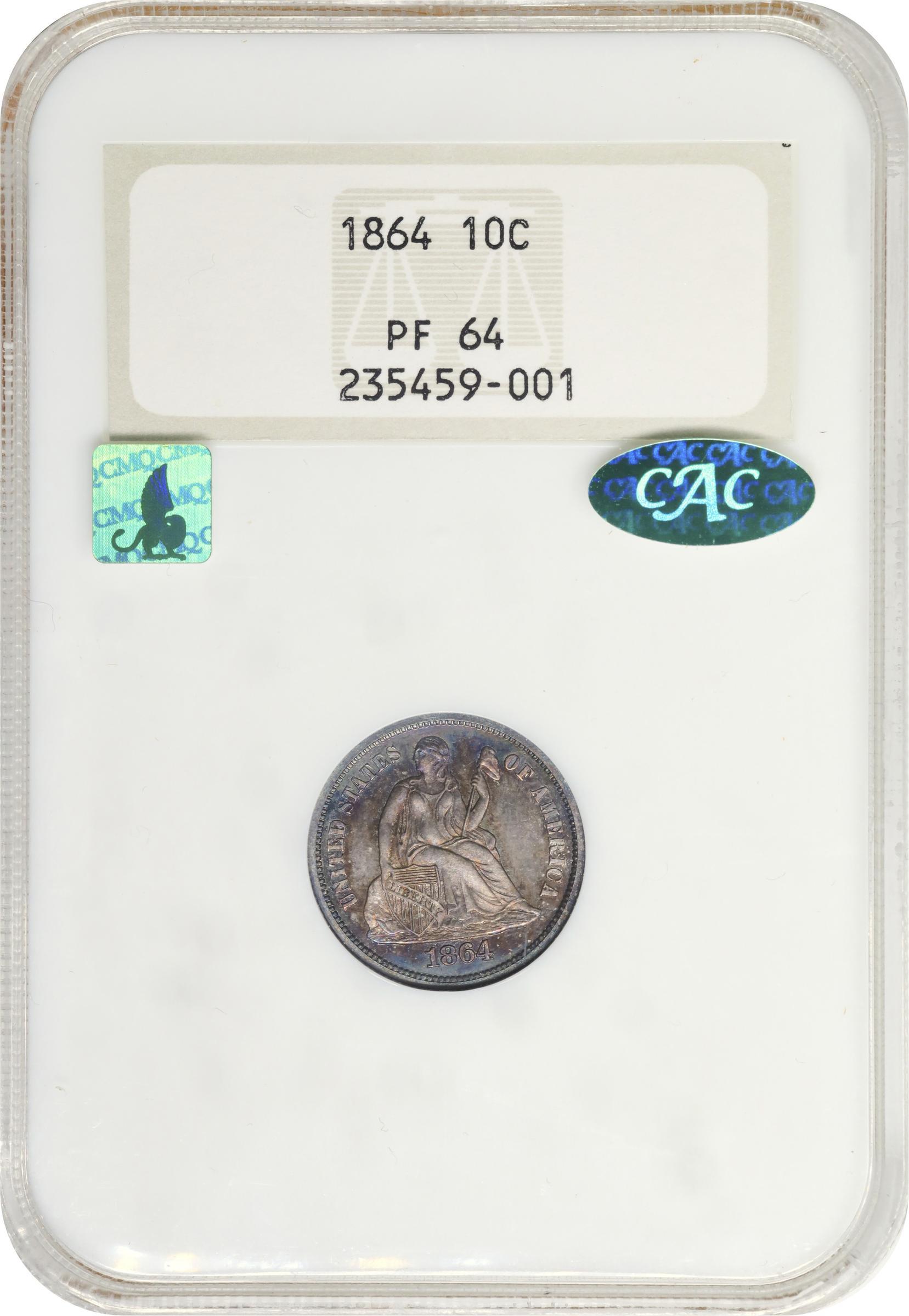 image for: 1864 Liberty Seated Dime. Fortin-101. Rarity-4. Proof-64 (NGC). CAC. CMQ. OH.