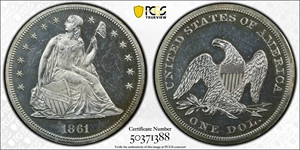 image for: 1861 Liberty Seated Silver Dollar. Proof-62 (PCGS).