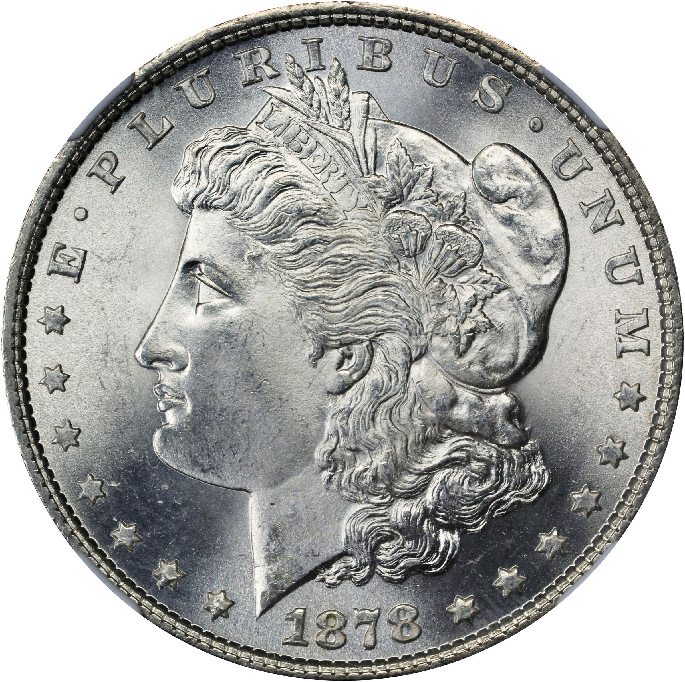 1878 Morgan Silver Dollar. 7 Tailfeathers. Reverse of 1879. MS-66+ (NGC).