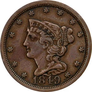 image for: 1849 Braided Hair Half Cent. C-1. Rarity-2. Large Date. VF-35 (ANACS). OH.