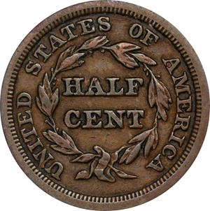 image for: 1849 Braided Hair Half Cent. C-1. Rarity-2. Large Date. VF-35 (ANACS). OH.