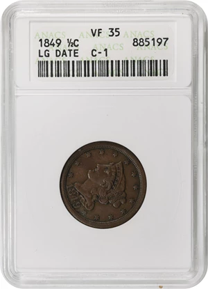 image for: 1849 Braided Hair Half Cent. C-1. Rarity-2. Large Date. VF-35 (ANACS). OH.
