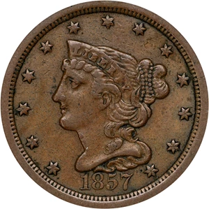 image for: 1857 Braided Hair Half Cent. C-1. Rarity-2. EF-40 (ANACS). OH.
