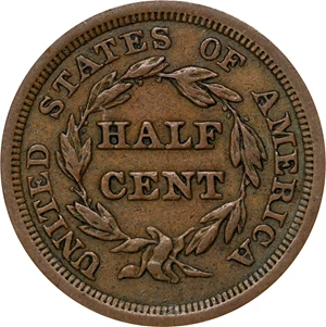 image for: 1857 Braided Hair Half Cent. C-1. Rarity-2. EF-40 (ANACS). OH.