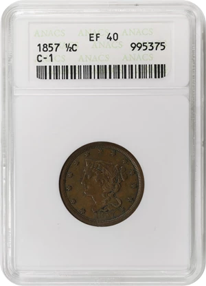 image for: 1857 Braided Hair Half Cent. C-1. Rarity-2. EF-40 (ANACS). OH.