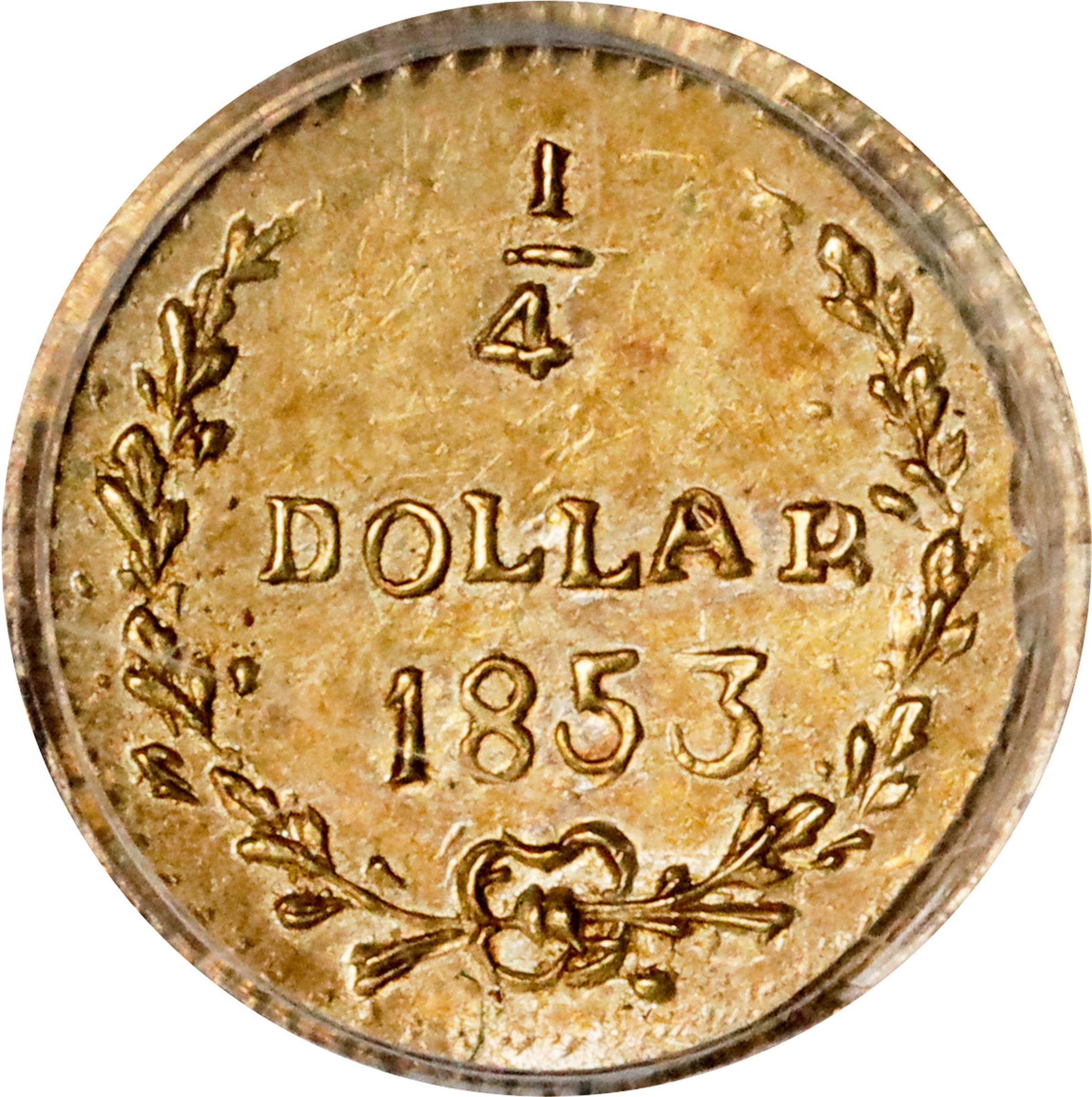 image for: 1853 Round 25 Cents. BG-212. Rarity-7-. Liberty Head. AU-58 (PCGS). OGH Generation 3.0.