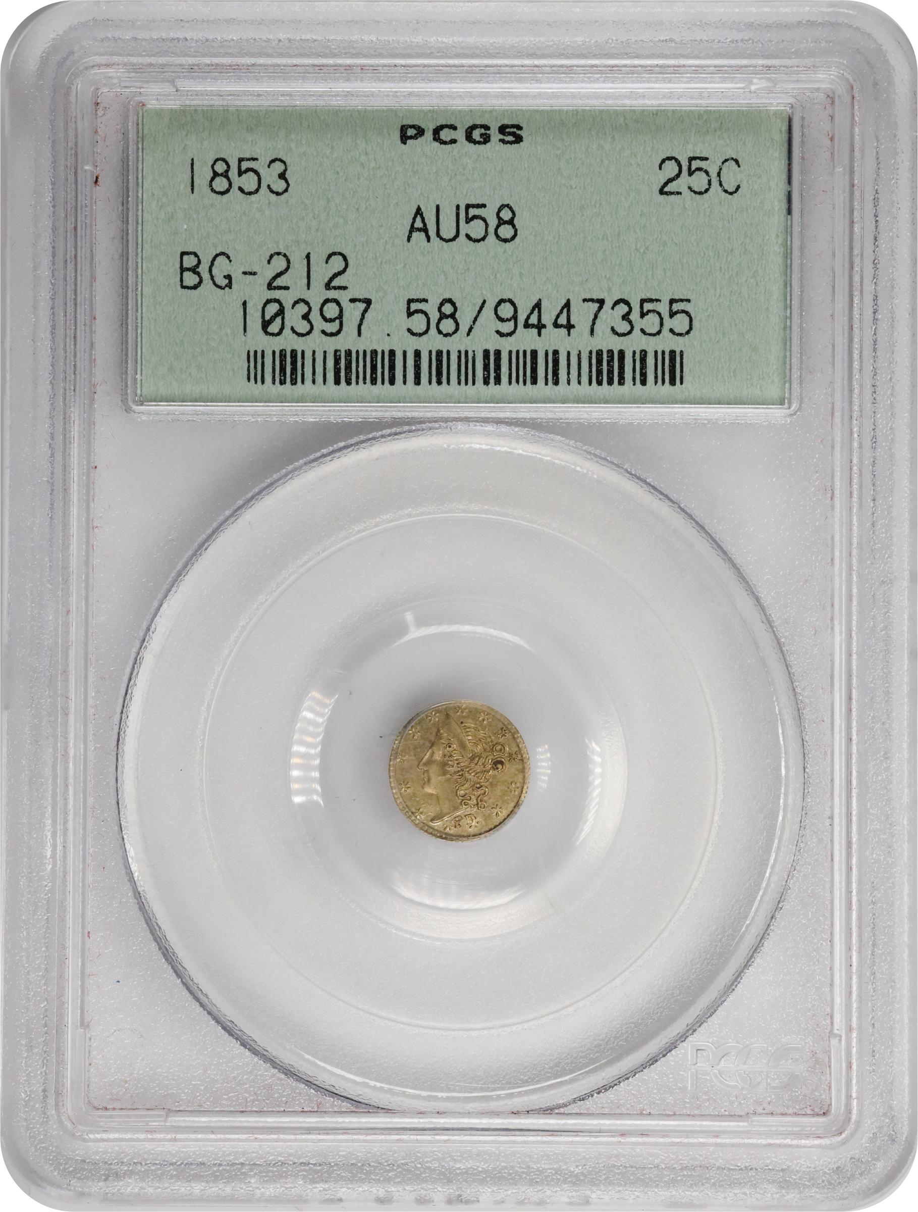 image for: 1853 Round 25 Cents. BG-212. Rarity-7-. Liberty Head. AU-58 (PCGS). OGH Generation 3.0.