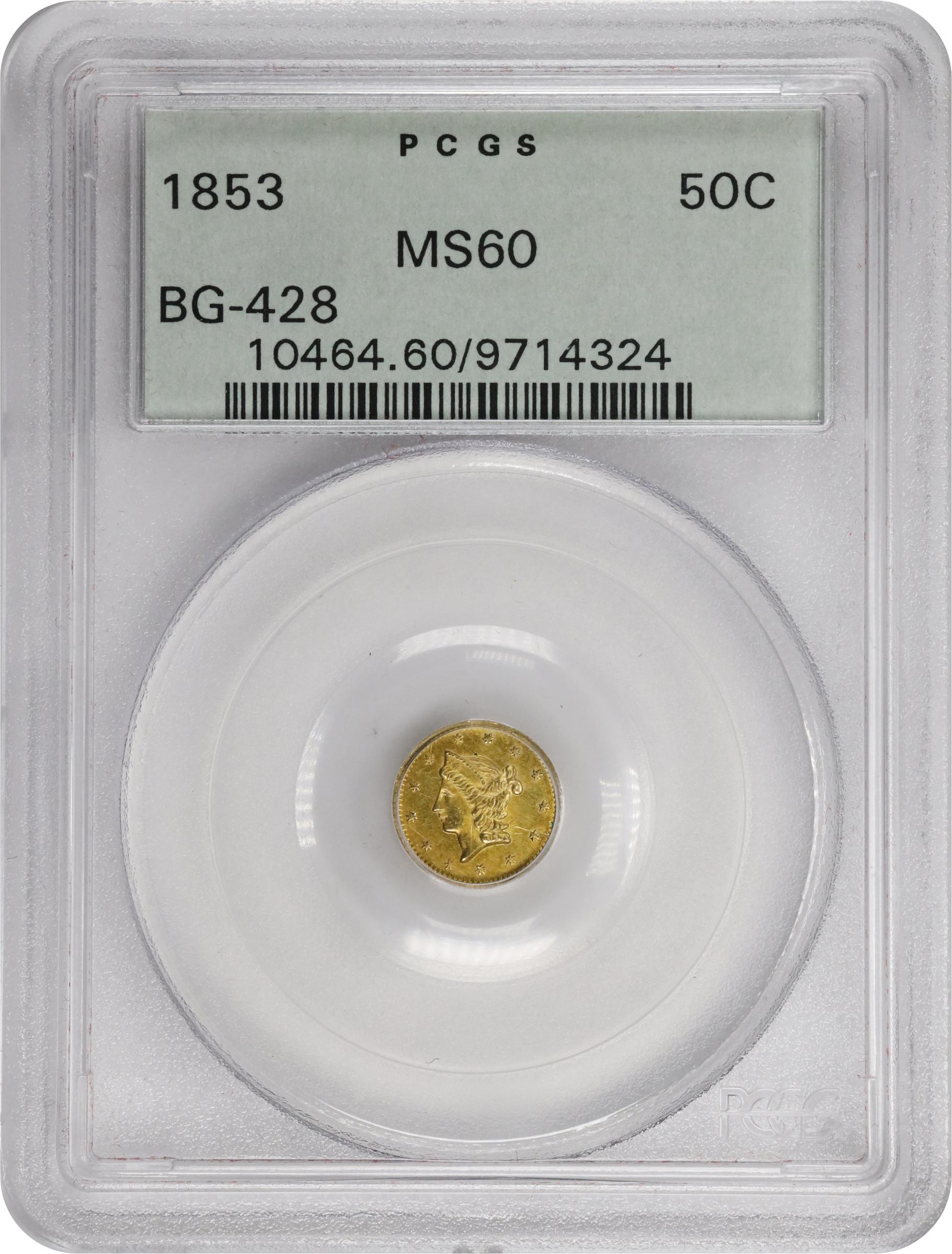 image for: 1853 Round 50 Cents. BG-428. Rarity-3. Liberty Head. MS-60 (PCGS). OGH Generation 3.1.