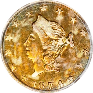 image for: 1874 Round 50 Cents. BG-1033. Rarity-5. Liberty Head. AU-58 (PCGS). OGH Generation 3.0.
