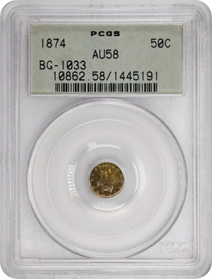 image for: 1874 Round 50 Cents. BG-1033. Rarity-5. Liberty Head. AU-58 (PCGS). OGH Generation 3.0.