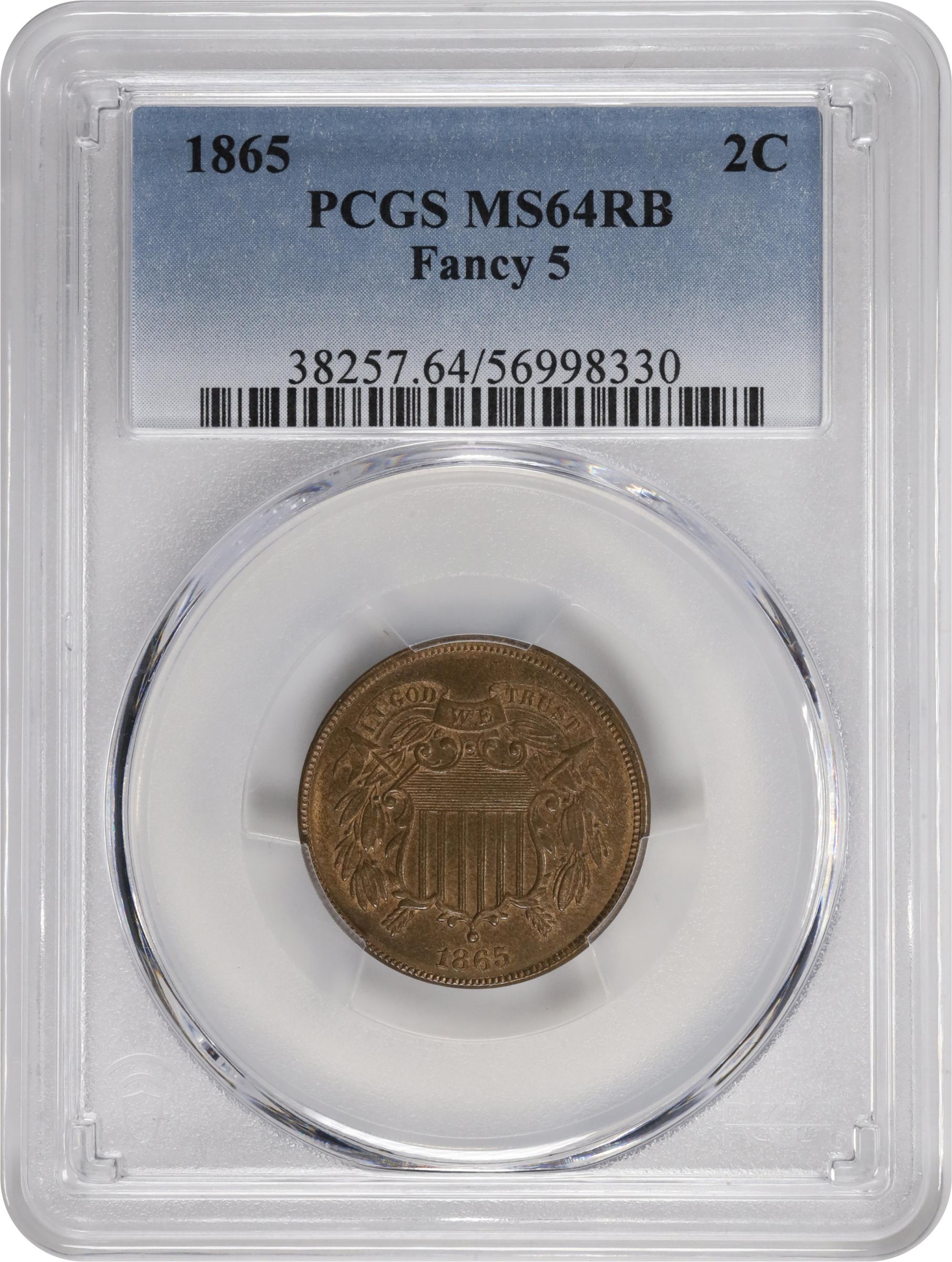image for: 1865 Two-Cent Piece. Fancy 5. MS-64 RB (PCGS).