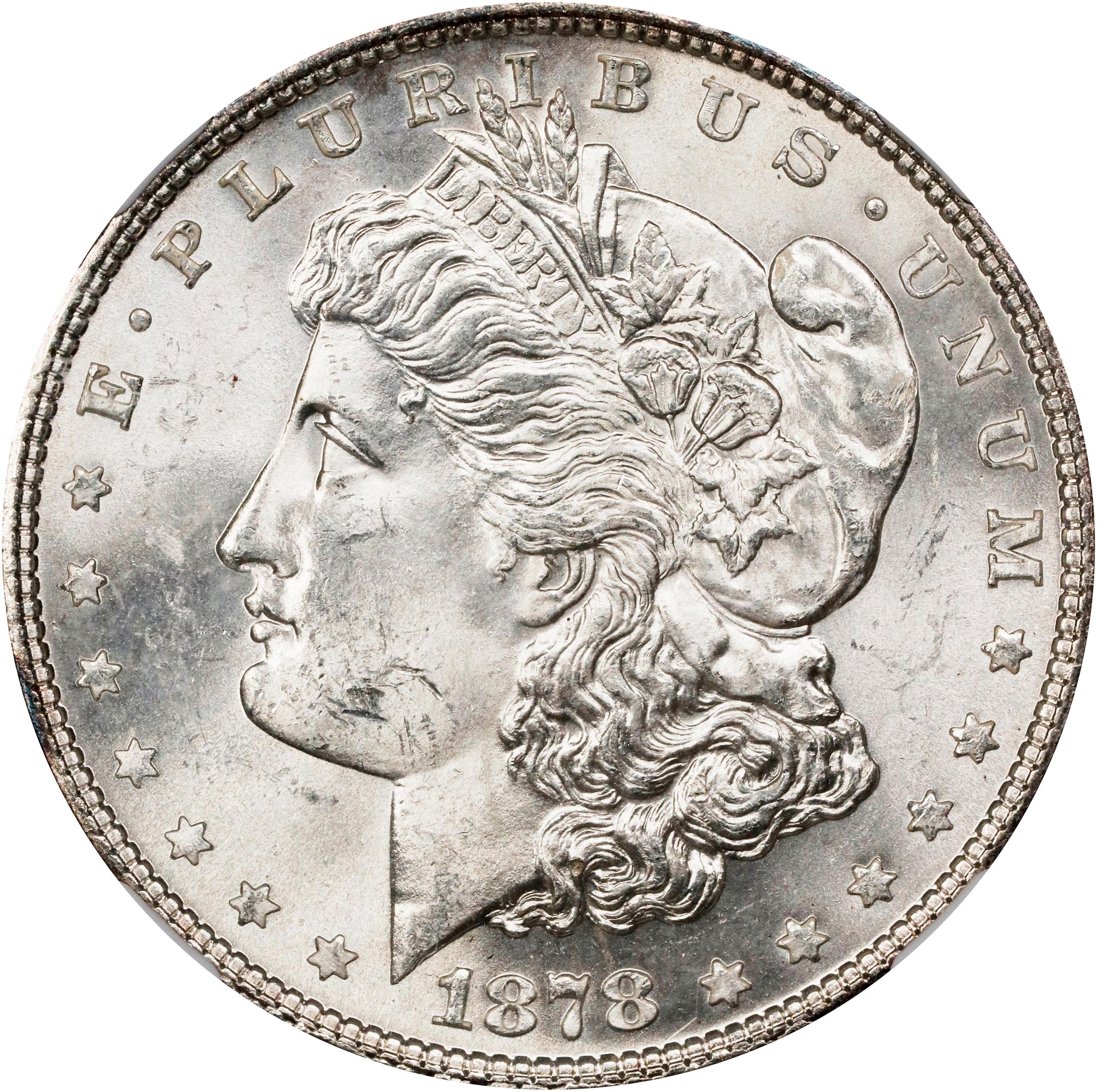 1878 Morgan Silver Dollar. 7 Tailfeathers. Reverse of 1878. VAM-100-1. Top 100 Variety. Type I Obverse. MS-63 (NGC).