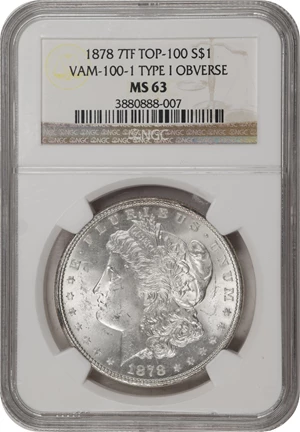 image for: 1878 Morgan Silver Dollar. 7 Tailfeathers. Reverse of 1878. VAM-100-1. Top 100 Variety. Type I Obverse. MS-63 (NGC).