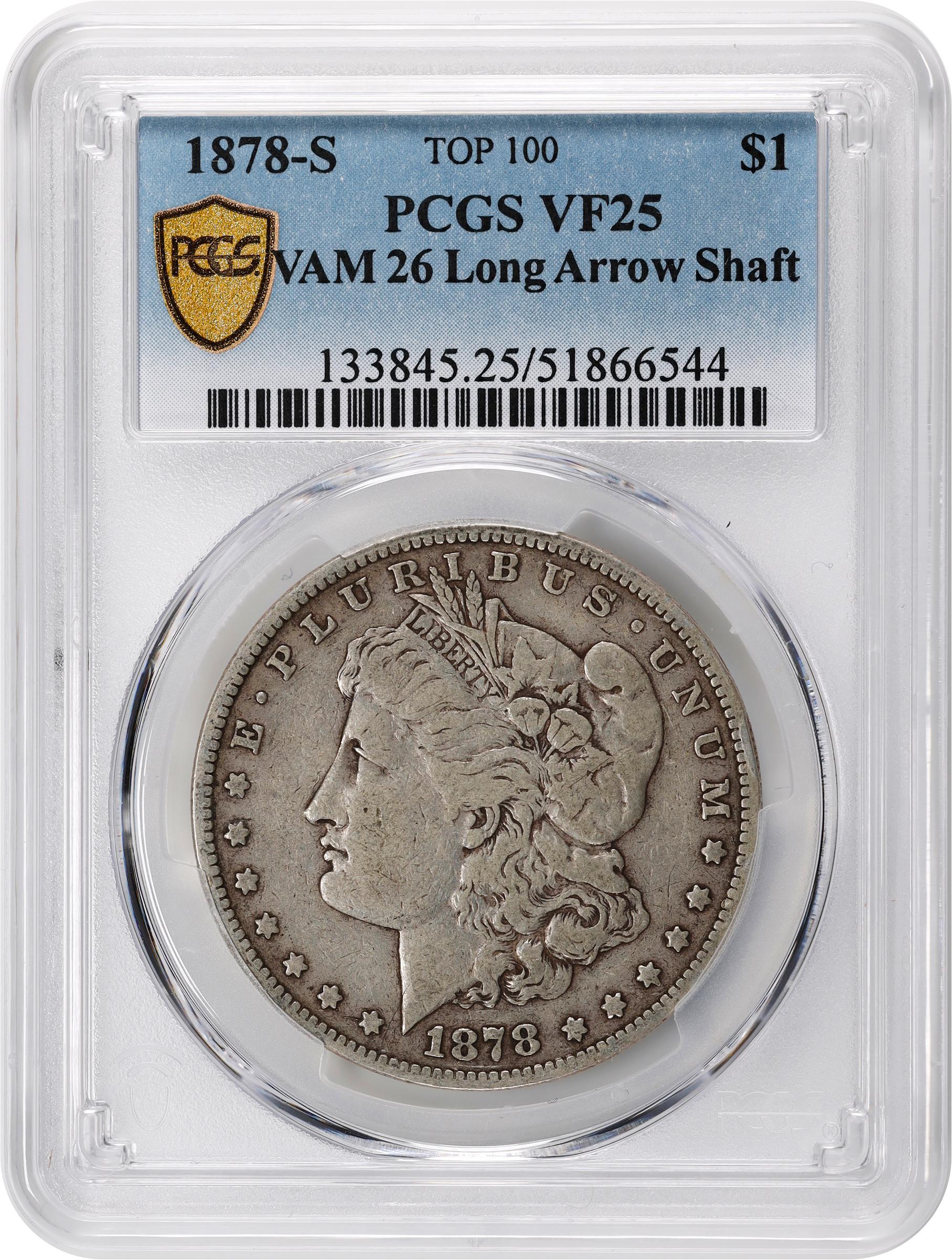 image for: 1878-S Morgan Silver Dollar. VAM-26. Top 100 Variety. Long Arrow Shaft. VF-25 (PCGS).