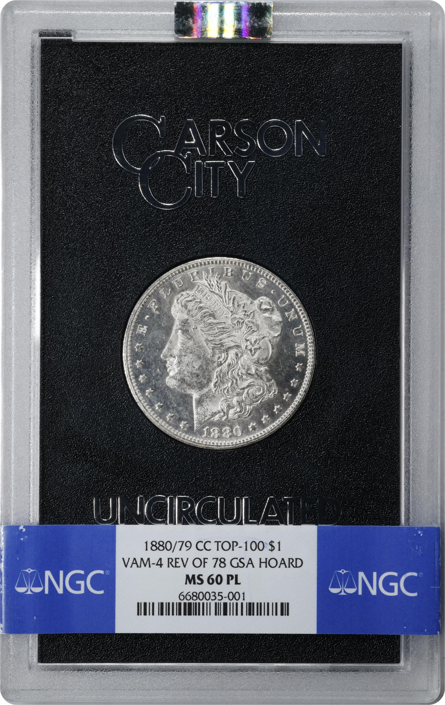 image for: 1880/79-CC GSA Morgan Silver Dollar. Reverse of 1878. VAM-4. Top 100 Variety. MS-60 PL (NGC).
