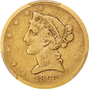 image for: 1866-S Liberty Head Half Eagle. Motto. Fine Details--Slide Marks (PCGS).