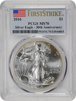 image for: 2016 Silver Eagle. First Strike. 30th Anniversary. MS-70 (PCGS).