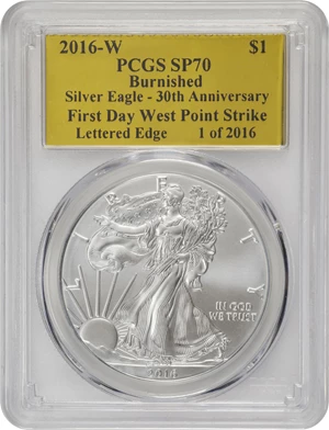 image for: 2016-W Silver Eagle. Lettered Edge. Burnished. First Day West Point Strike. Specimen-70 (PCGS).